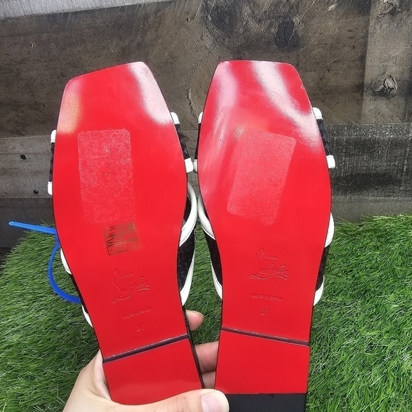 Christian Louboutin Black/White Logo Canvas and Leather Crossimule Flat Slides - Picture 10 of 11